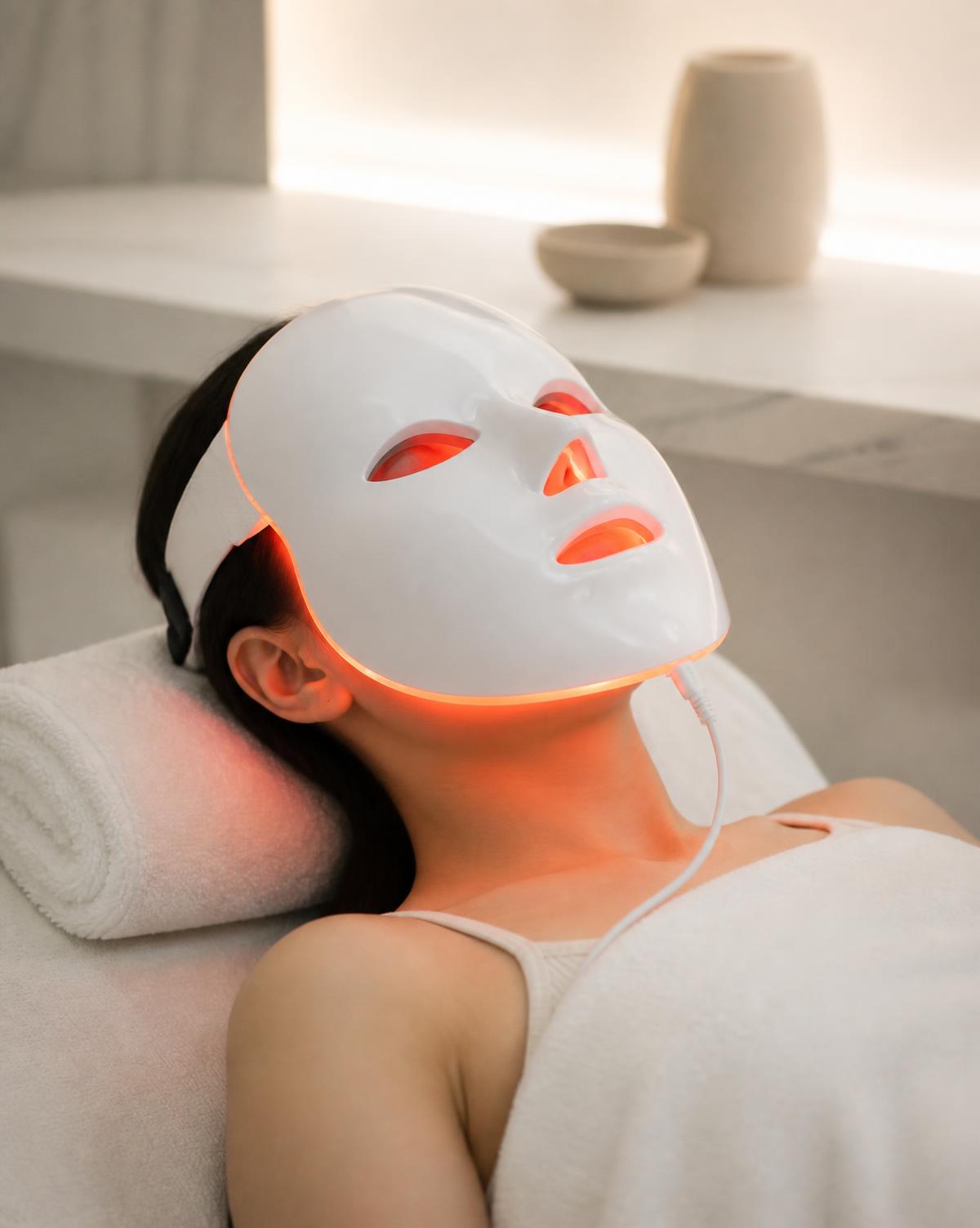 LED phototherapy mask session in a calm clinic room